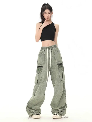 Hip hop retro high street men and women trendy personalized washed workwear jeans for couples loose straight leg casual pants